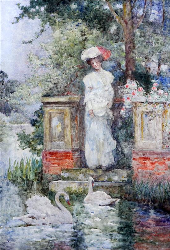 David Woodlock (1842-1929) Woman and swans 19.5 x 13.5in.